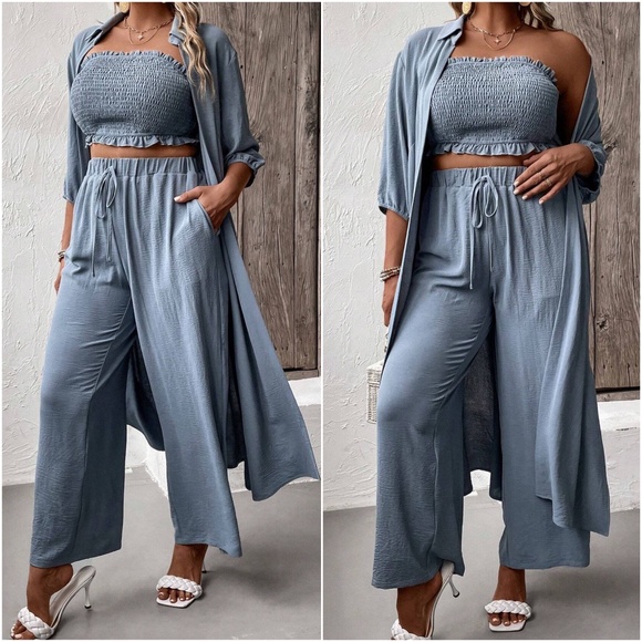 Plus Smocked Crop Top Wide leg Pants Open Front Jacket Set - Picture 5 of 6